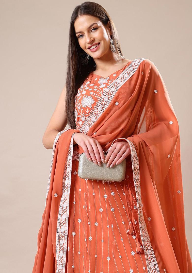 Peach Emboridered Blended Lehenga Choli - Indya
