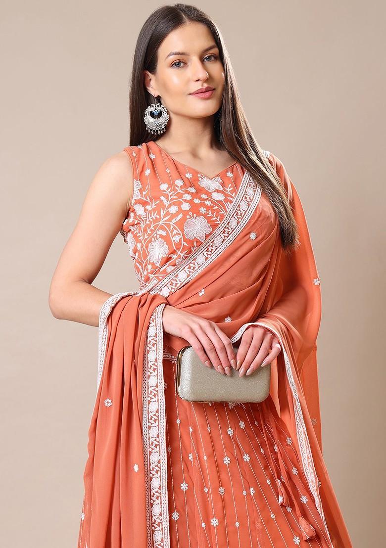 Peach Emboridered Blended Lehenga Choli