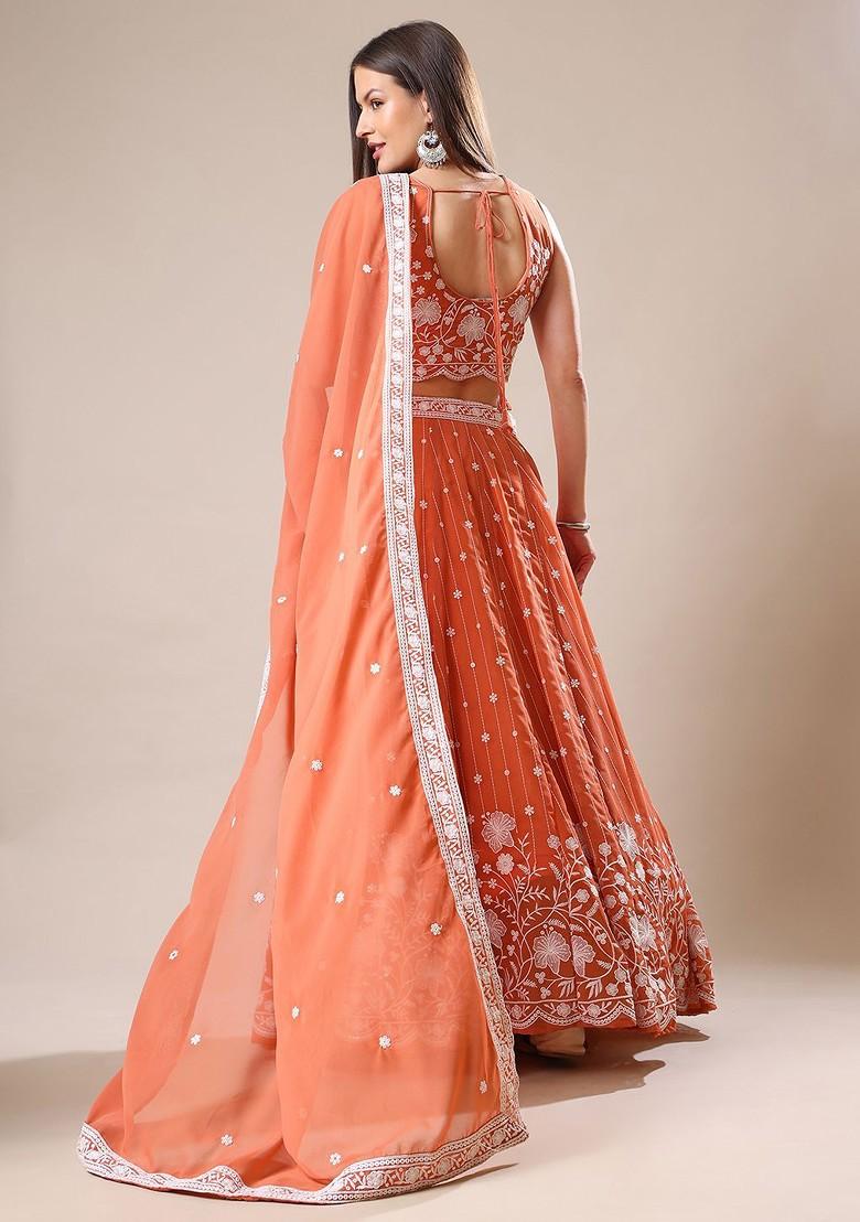 Peach Emboridered Blended Lehenga Choli - Indya