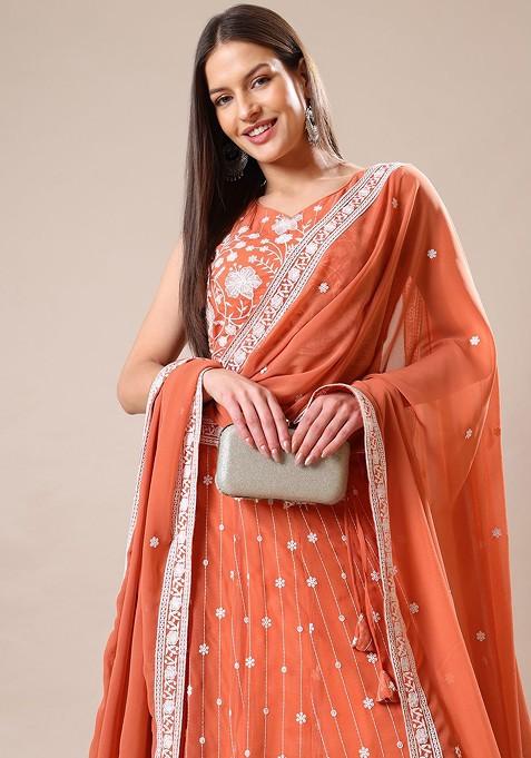 Peach Emboridered Blended Lehenga Choli