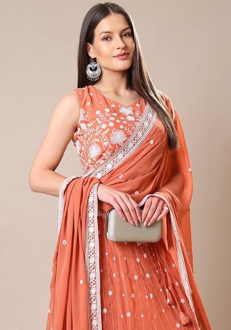 Peach Emboridered Blended Lehenga Choli