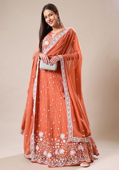 Peach Emboridered Blended Lehenga Choli