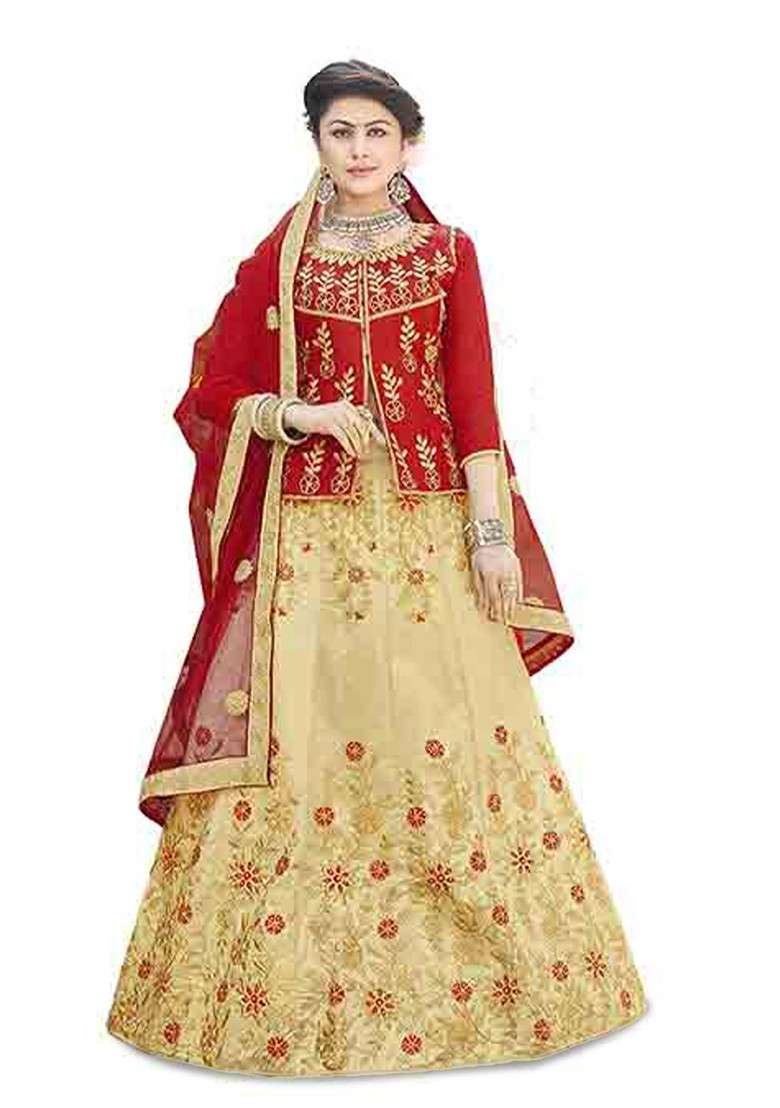 Beige Emboridered Blended Lehenga Choli - Indya