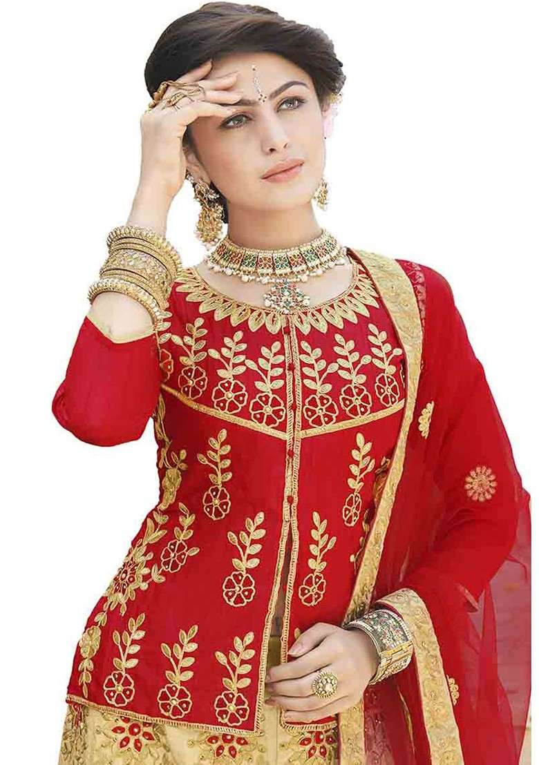 Beige Emboridered Blended Lehenga Choli - Indya