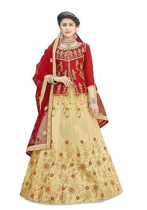 Beige Emboridered Blended Lehenga Choli