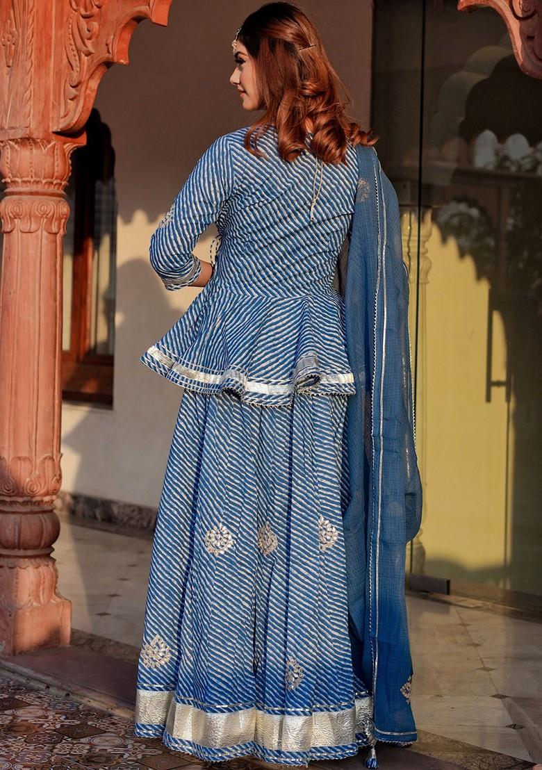 Blue Printed Blended Lehenga Choli - Indya