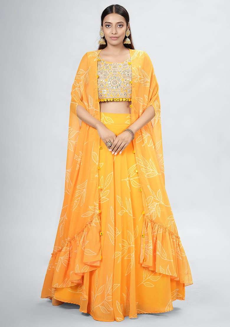 Mustard Emboridered Blended Lehenga Choli - Indya