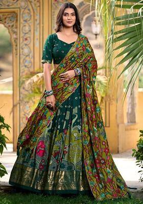 Green Printed Blended Lehenga Choli