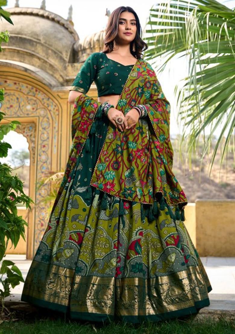 Green Printed Blended Lehenga Choli - Indya