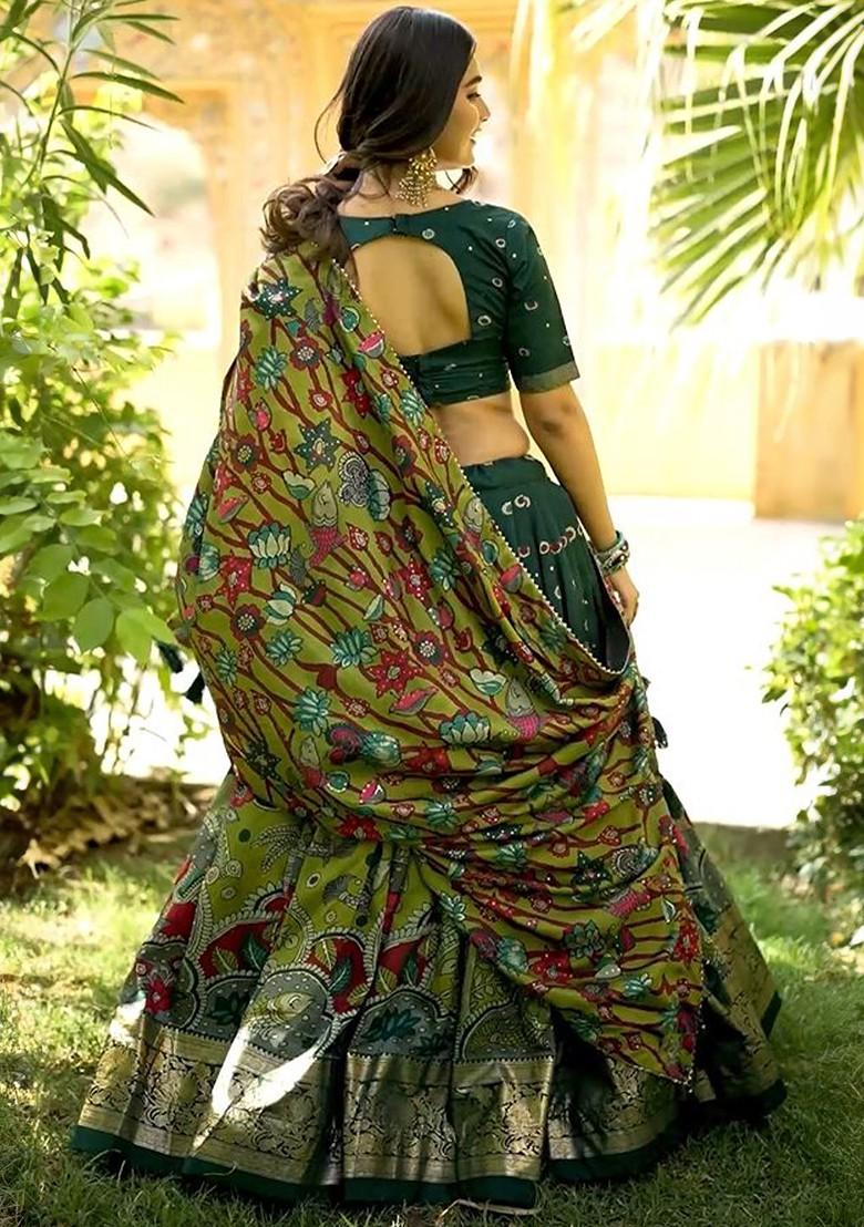 Green Printed Blended Lehenga Choli - Indya