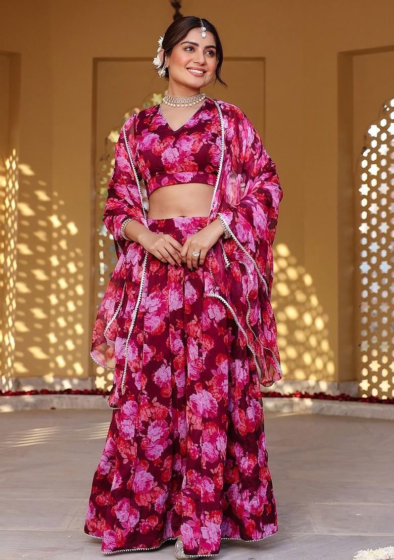 Maroon Printed Blended Lehenga Choli