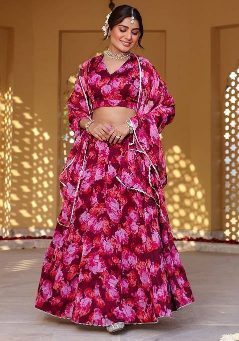 Maroon Printed Blended Lehenga Choli