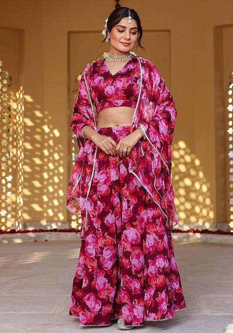 Maroon Printed Blended Lehenga Choli