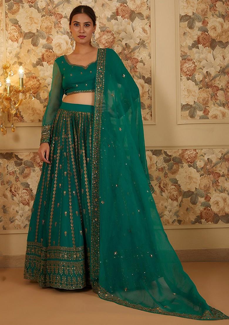 Green Emboridered Blended Lehenga Choli - Indya