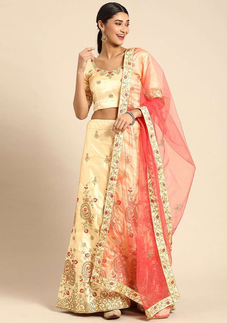 Cream Emboridered Blended Lehenga Choli - Indya