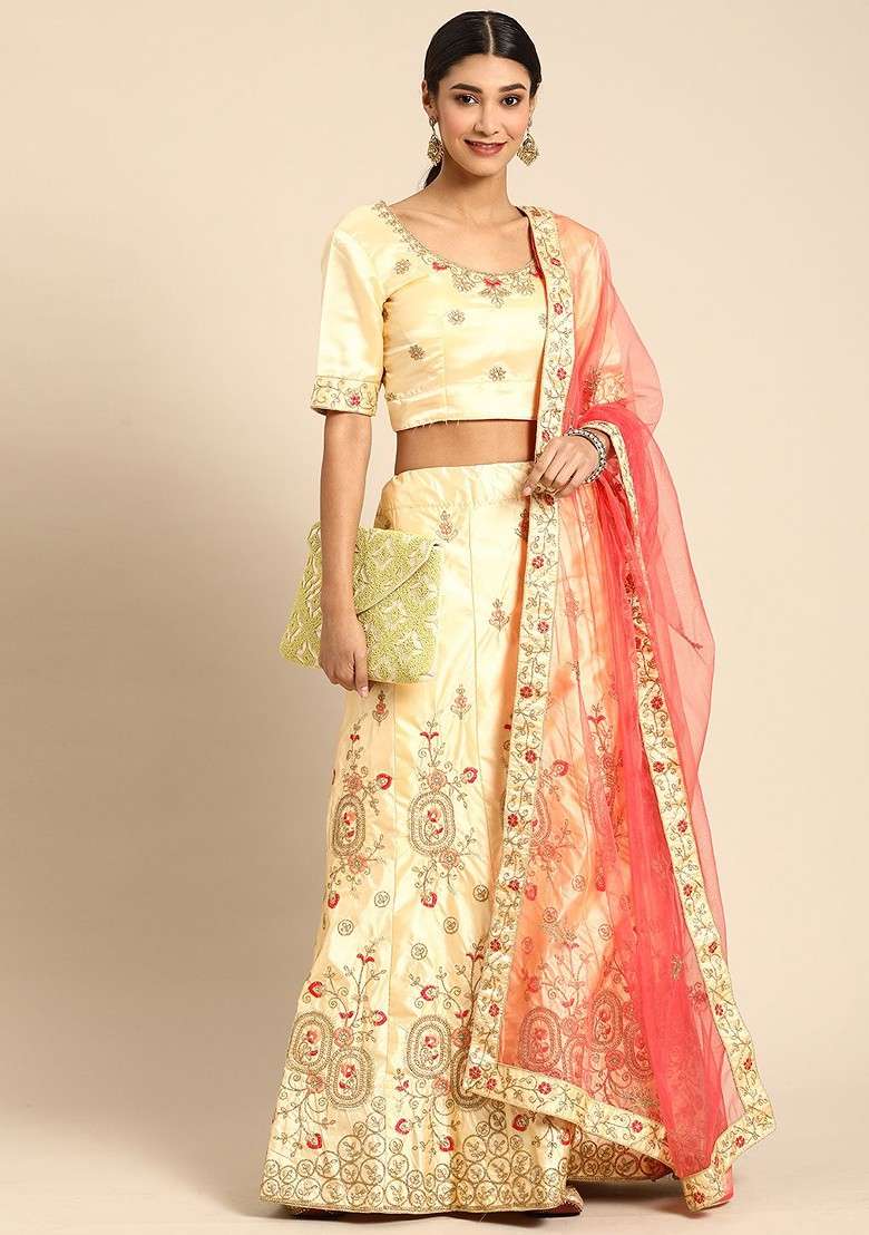 Cream Emboridered Blended Lehenga Choli - Indya