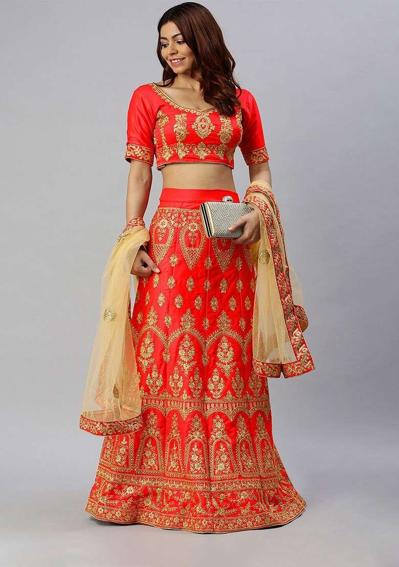 Red Emboridered Blended Lehenga Choli - Indya