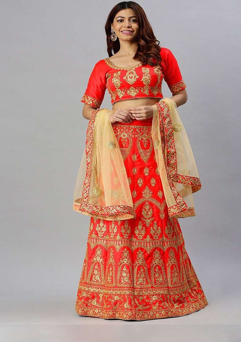 Red Emboridered Blended Lehenga Choli - Indya