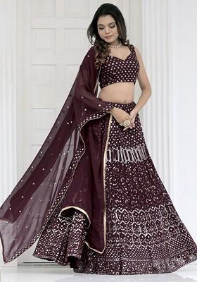 Brown Emboridered Blended Lehenga Choli