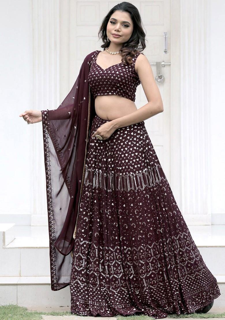 Brown Emboridered Blended Lehenga Choli - Indya