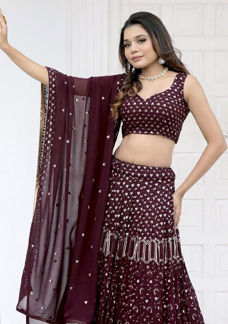 Brown Emboridered Blended Lehenga Choli - Indya
