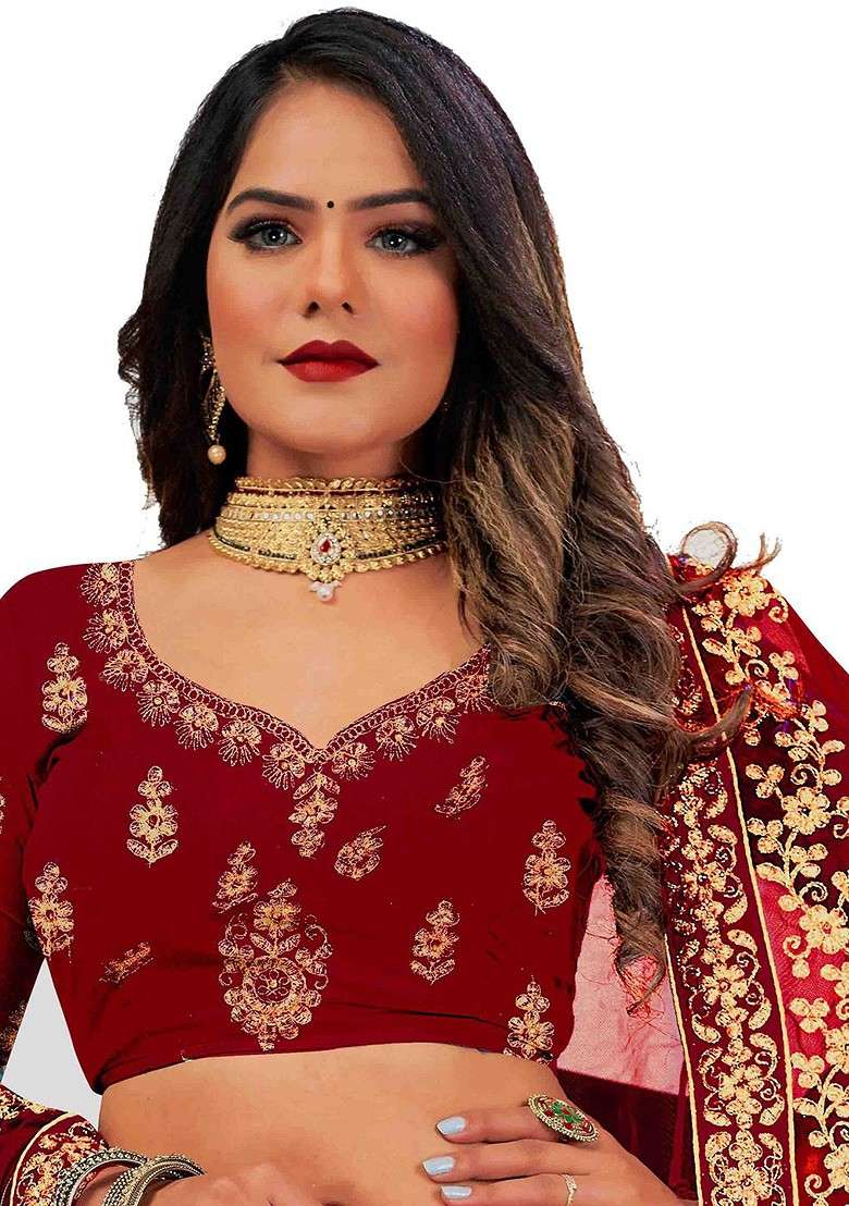 Maroon Embellished Blended Lehenga Choli - Indya