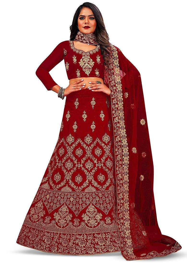 Maroon Embellished Blended Lehenga Choli - Indya