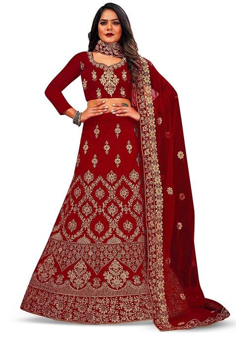 Maroon Embellished Blended Lehenga Choli — view on Indya
