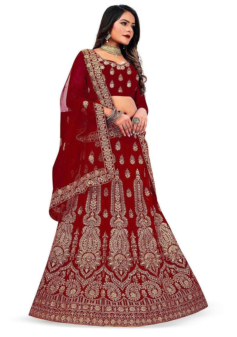 Maroon Embellished Blended Lehenga Choli - Indya