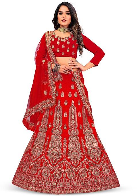 Red Embellished Blended Lehenga Choli — view on Indya