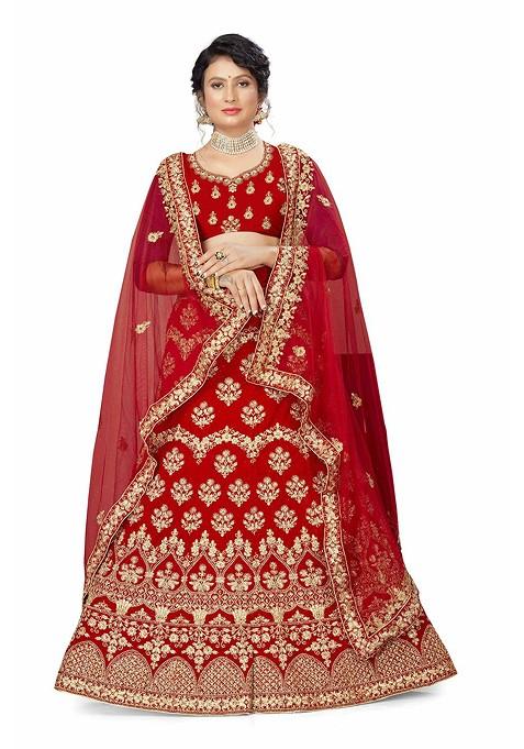 Red Embellished Blended Lehenga Choli — view on Indya