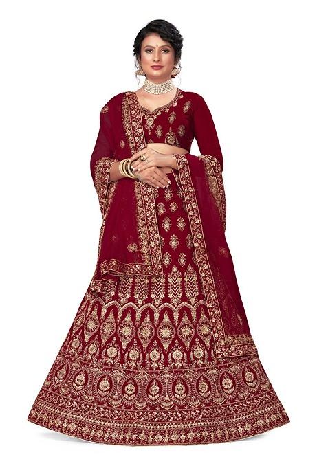 Maroon Embellished Blended Lehenga Choli — view on Indya