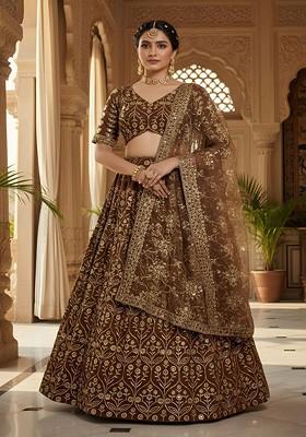 Brown Emboridered Blended Lehenga Choli