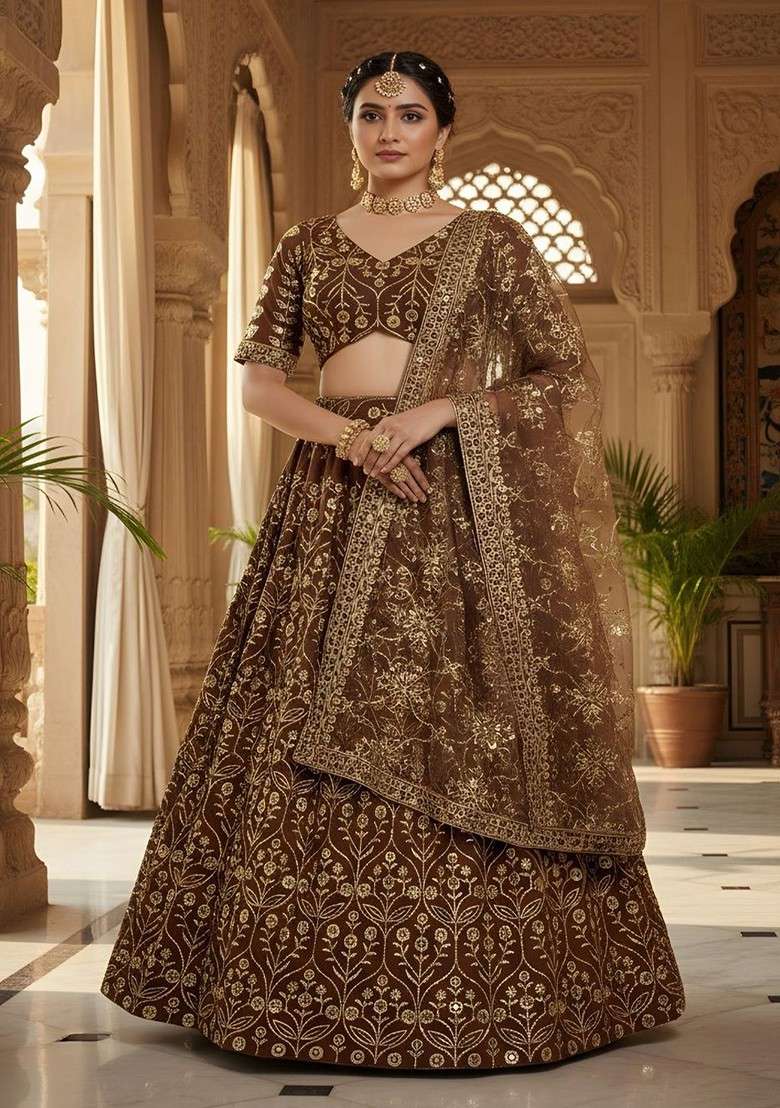 Brown Emboridered Blended Lehenga Choli - Indya