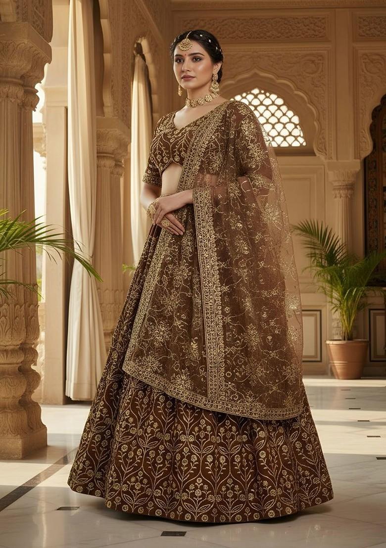 Brown Emboridered Blended Lehenga Choli - Indya