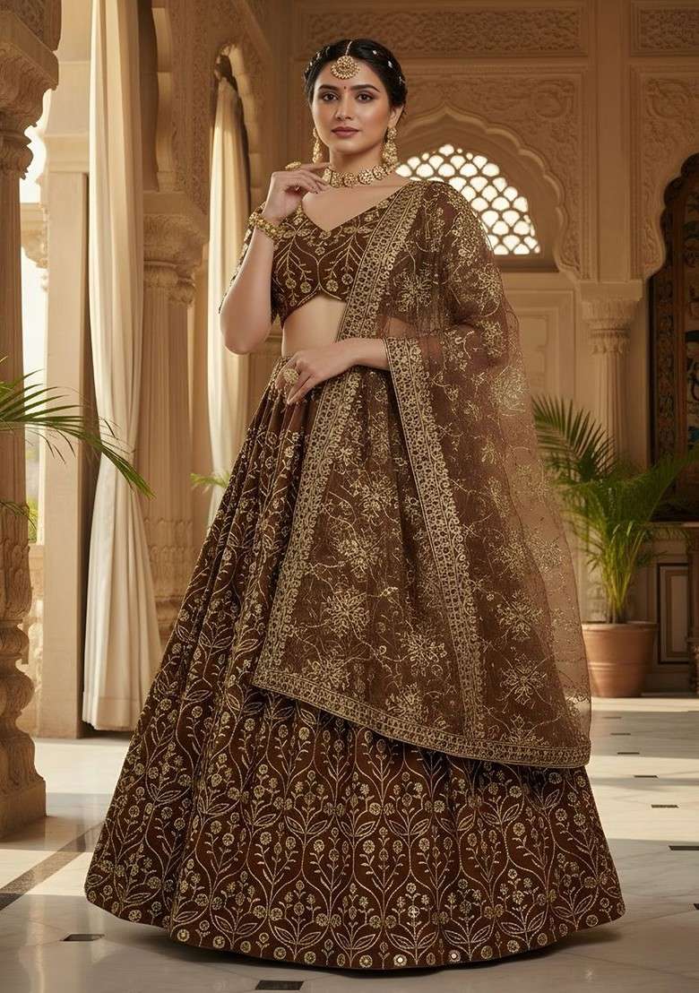 Brown Emboridered Blended Lehenga Choli - Indya
