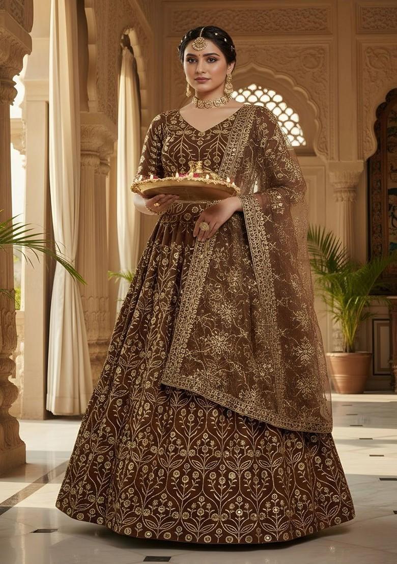 Brown Emboridered Blended Lehenga Choli - Indya