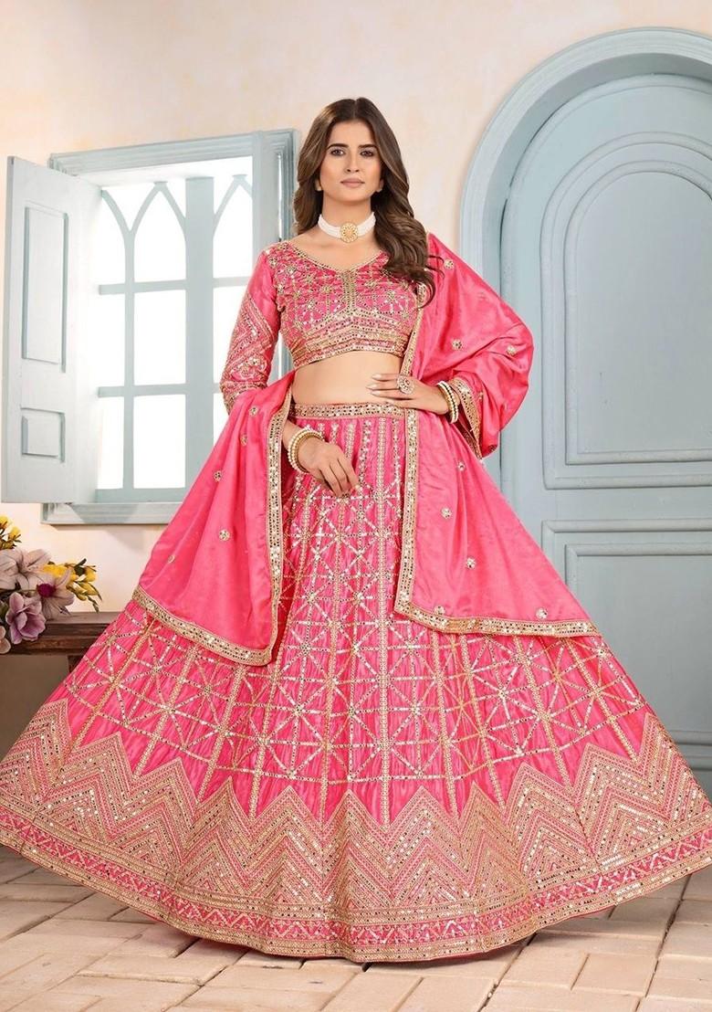 Pink Emboridered Blended Lehenga Choli - Indya