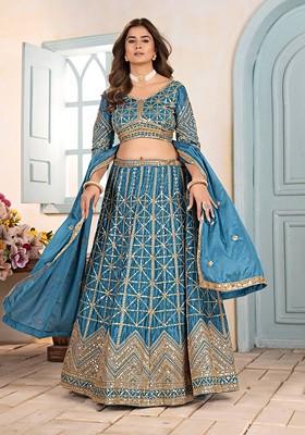Turquoise Blue Emboridered Blended Lehenga Choli