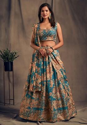 Teal Emboridered Blended Lehenga Choli
