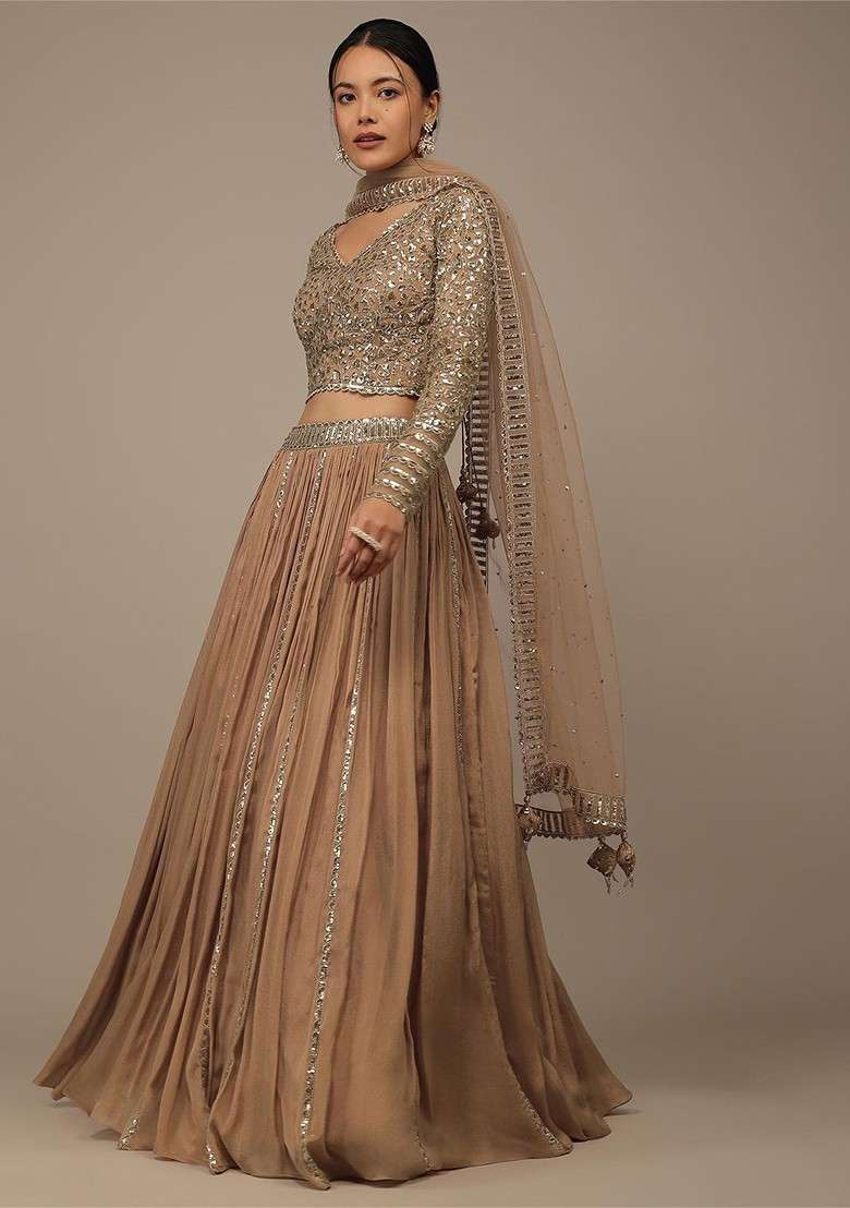 Beige Emboridered Blended Lehenga Choli - Indya