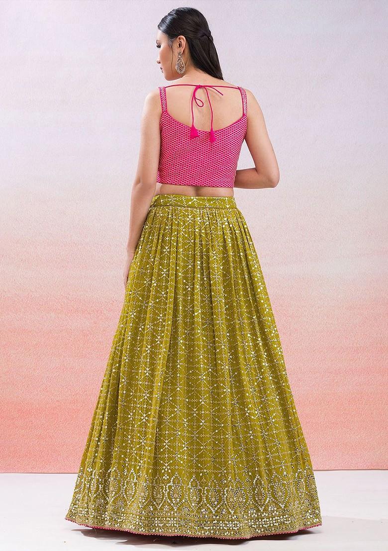 Green Emboridered Blended Lehenga Choli - Indya