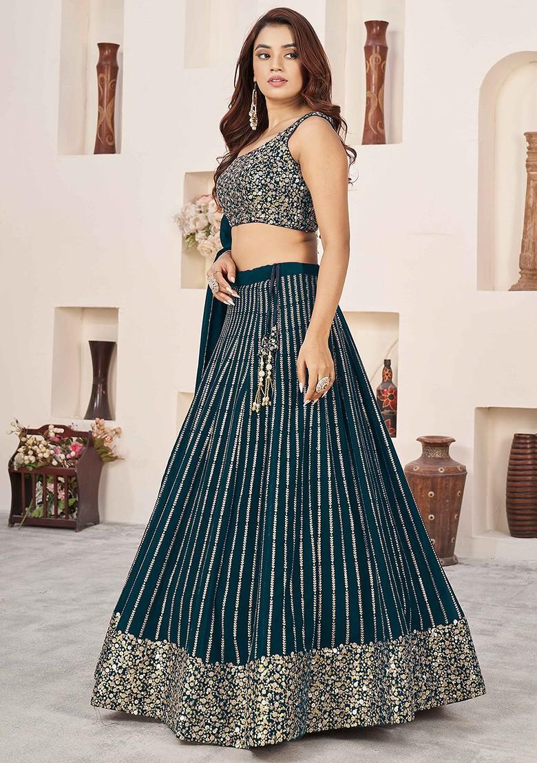 Green Embellished Blended Lehenga Choli - Indya