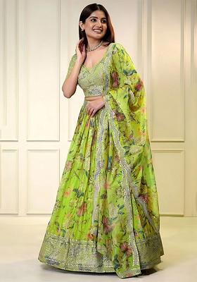 Lime Green Emboridered Blended Lehenga Choli