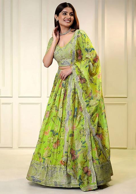 Lime Green Emboridered Blended Lehenga Choli — view on Indya