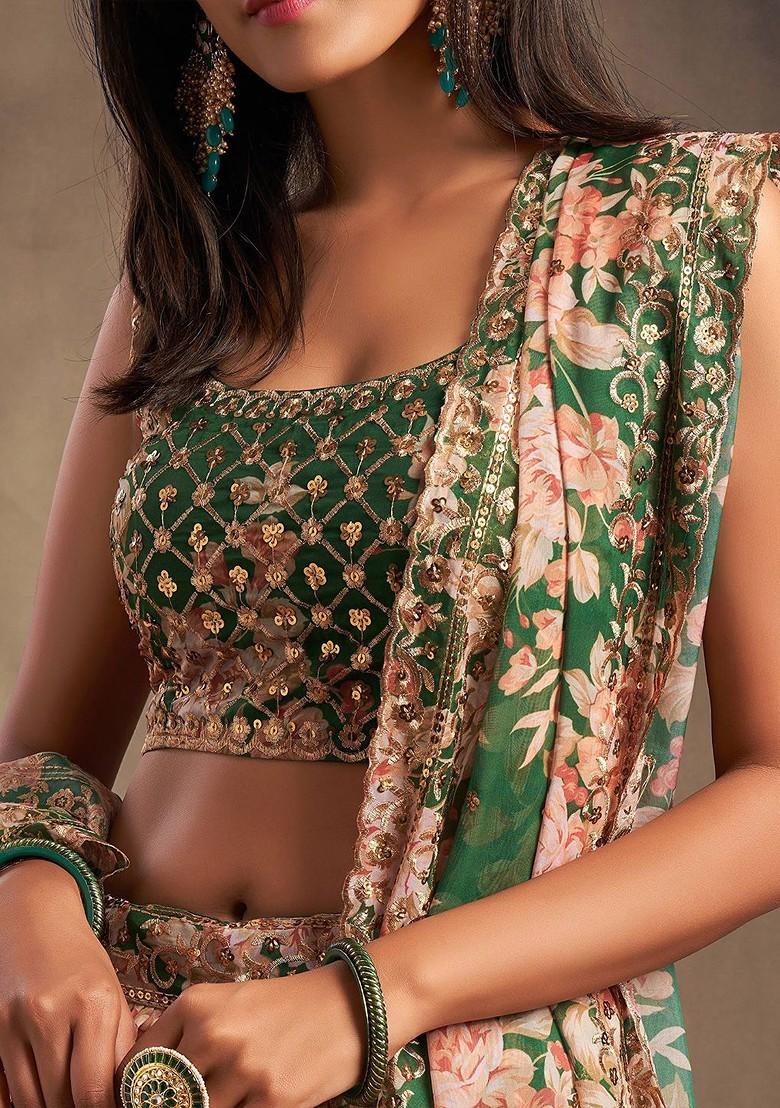 Green Embellished Blended Lehenga Choli - Indya