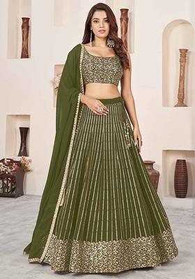 Olive Emboridered Blended Lehenga Choli