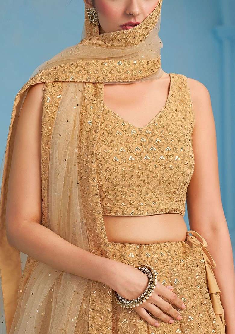 Beige Emboridered Blended Lehenga Choli - Indya