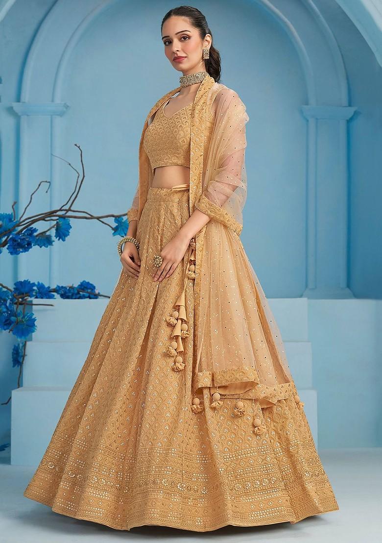 Beige Emboridered Blended Lehenga Choli - Indya
