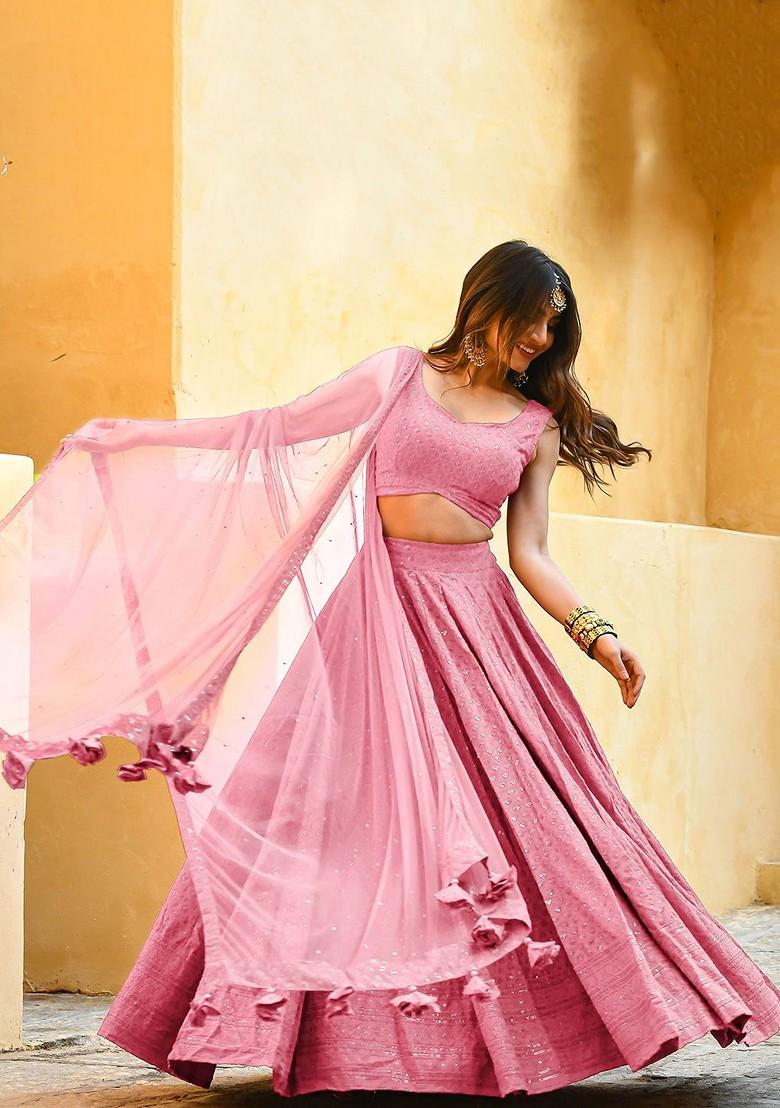 Pink Emboridered Blended Lehenga Choli - Indya